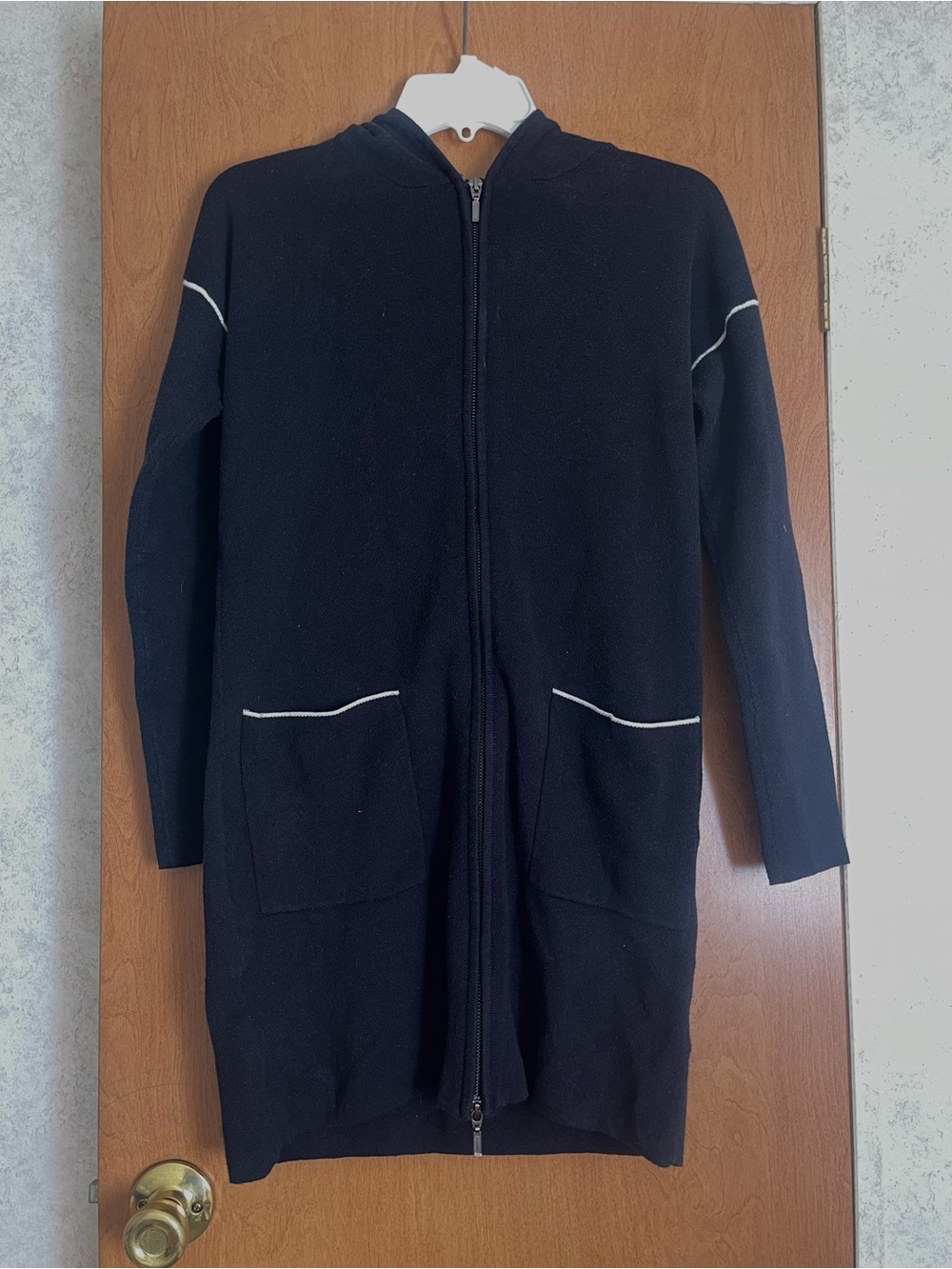 Tahari Black Longline Zip Hoodie Cardigan Trench Coat Quiet Luxury Size Small